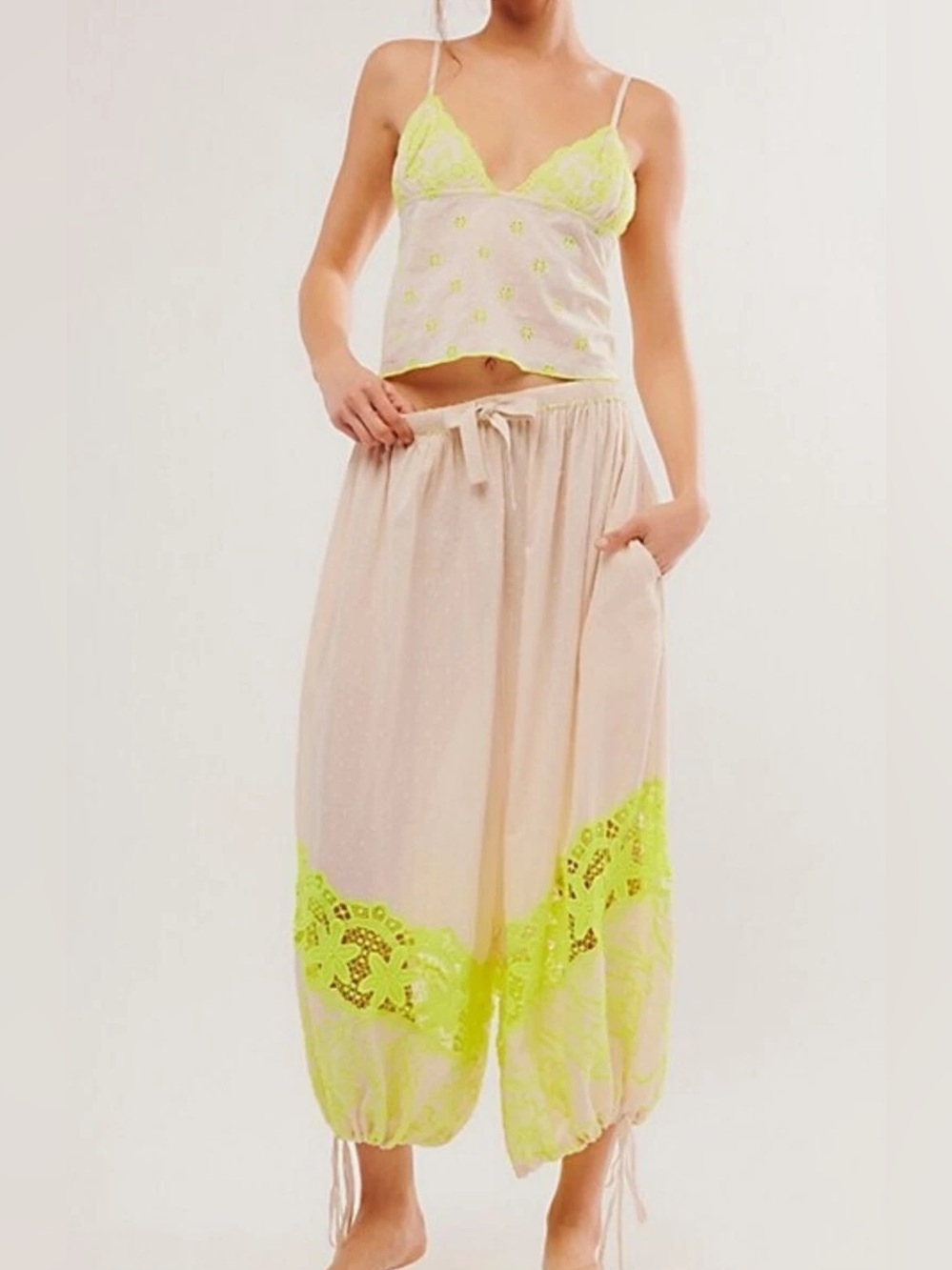 Free people Cream Wide-Leg Drawstring Pants with Neon Lime Lace
